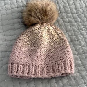 Toddler Pink & Gold Knit Pom Beanie with Faux Fur Pom